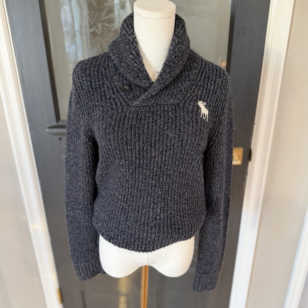Abercrombie & Fitch Y2K Shawl Collar Sweater Womens Small Gray Moose Logo - Picture 1 of 11